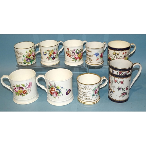 154 - A collection of mainly late-19th century named and unnamed porcelain-handled mugs, decorated with fl... 