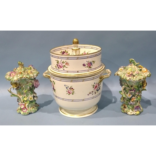 155 - A pair of porcelain flower-encrusted and pierced vases and covers, (one cover restored), 20cm high a... 