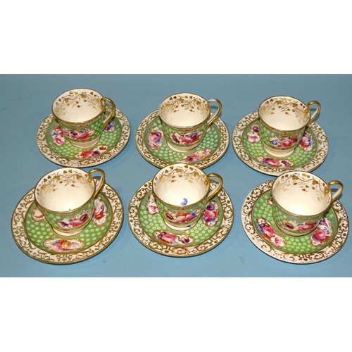 157 - Six each Coalport 'Improved Felspar Porcelain' cups and saucers decorated with panels of flowers on ... 