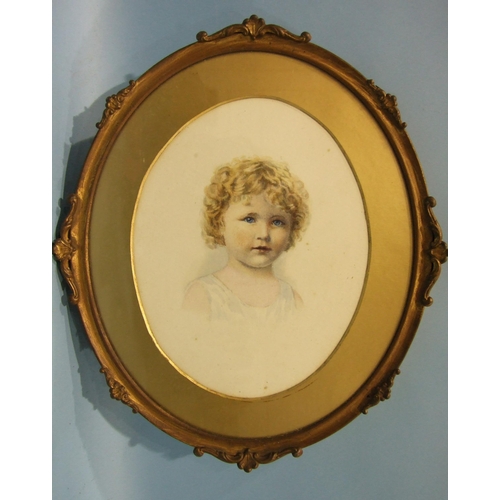 35 - Early-20th century SHOULDER-LENGTH PORTRAIT OF A YOUNG CHILD Unsigned watercolour, framed oval, 22 x... 