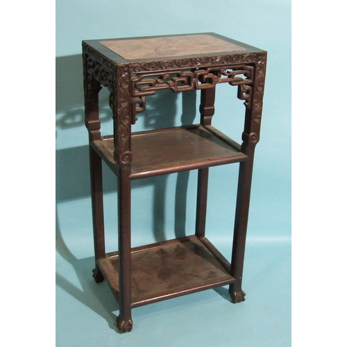 5 - A 19th century Chinese three-tier carved hardwood jardinière stand of rectangular shape, the ... 