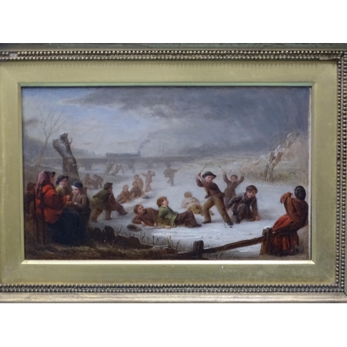 55 - 19th century English School WINTER SCENE, WITH CHILDREN PLAYING IN THE SNOW AND STEAM TRAIN CROSSING... 