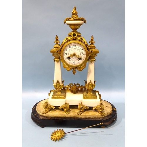 89 - A 19th century French ormolu and marble portico clock, the bell-striking drum movement and painted e... 