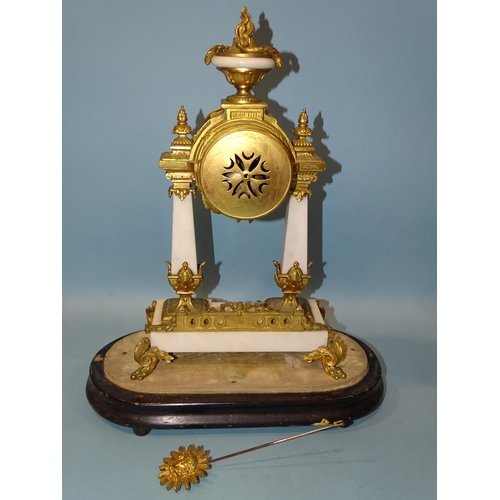 89 - A 19th century French ormolu and marble portico clock, the bell-striking drum movement and painted e... 