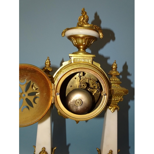 89 - A 19th century French ormolu and marble portico clock, the bell-striking drum movement and painted e... 