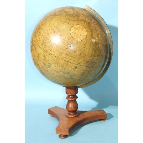 92 - A 19th century Smiths terrestrial globe with brass Vernier, on short turned column and triform base ... 