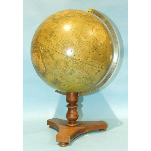 92 - A 19th century Smiths terrestrial globe with brass Vernier, on short turned column and triform base ... 