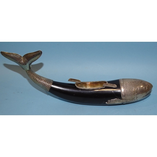 97 - A horn ashtray with white metal mounts, in the form of a fish, a clay pipe in fitted boxwood case an... 