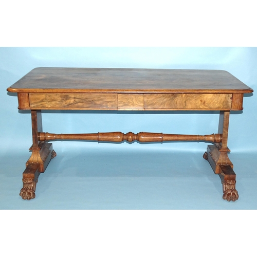 1 - A William IV walnut centre table, the rectangular top above two frieze drawers, on end supports join... 