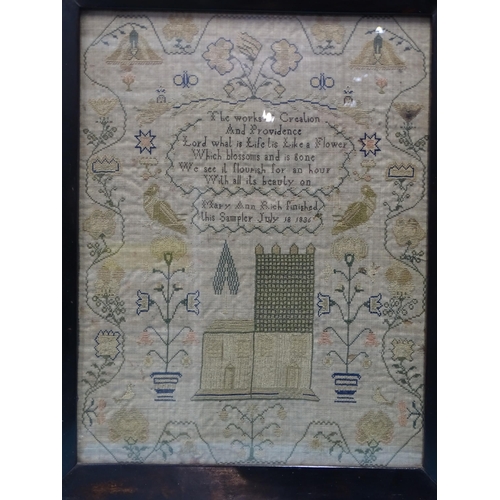 126 - A William IV needlework sampler with central text above a church surrounded by birds, shrubs, flower... 