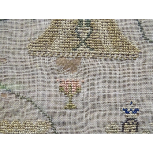 126 - A William IV needlework sampler with central text above a church surrounded by birds, shrubs, flower... 