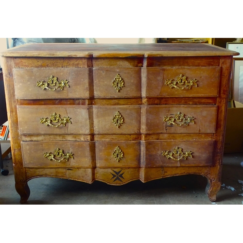 2 - An 18th century walnut Continental chest of three long drawers, 128cm wide, 88cm high, (worm damage,... 