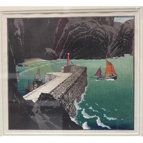 44 - John Edgar Platt (1886-1967), 'Mullion Cove, Cornwall', a coloured woodcut, 24 x 27cm, inscribed in ... 