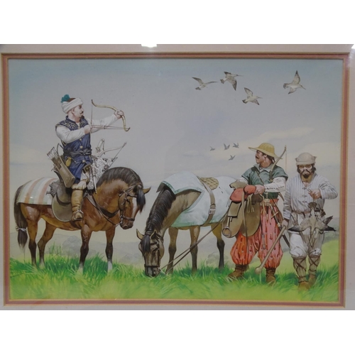 43 - Angus McBride (1931-2007) AFRICAN WARRIOR ON HORSEBACK Signed watercolour with pencil, 48 x 33cm and... 