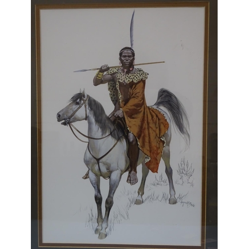 43 - Angus McBride (1931-2007) AFRICAN WARRIOR ON HORSEBACK Signed watercolour with pencil, 48 x 33cm and... 