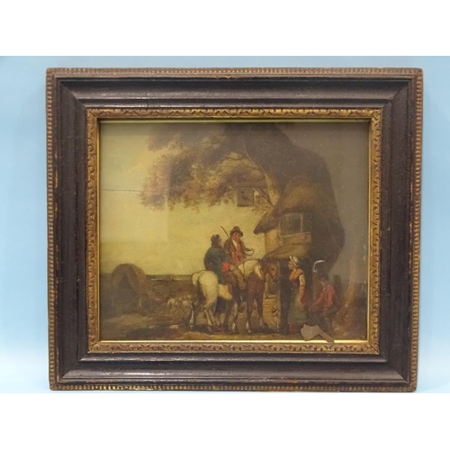 49 - Style of George Morland TRAVELLERS AND FIGURES OUTSIDE A COUNTRY INN Unsigned oil on panel, 19 ... 