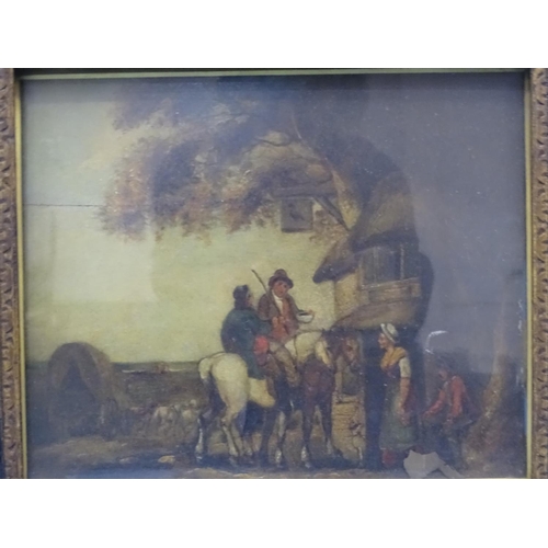 49 - Style of George Morland TRAVELLERS AND FIGURES OUTSIDE A COUNTRY INN Unsigned oil on panel, 19 ... 