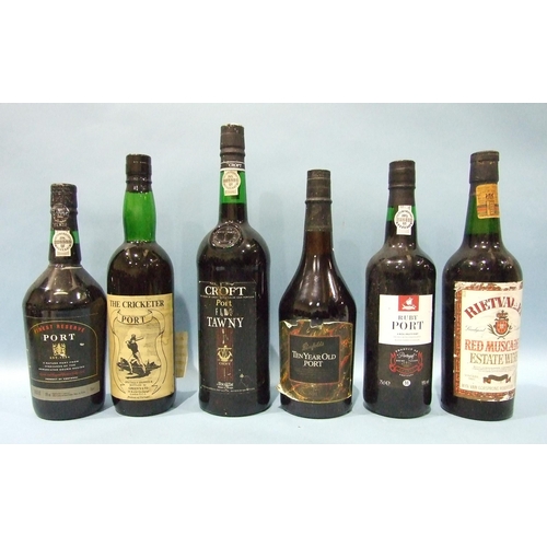 221 - Five bottles of non-vintage Port and Rietvallei red Muscadel Estate wine, vintage 1980, one bottle, ... 