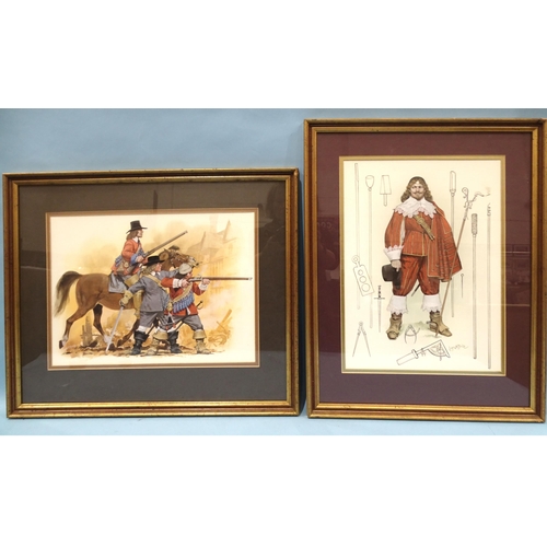 39 - Angus McBride ENGLISH CIVIL WAR MOUNTED AND ARMED SOLDIERS Signed watercolour, 33 x 46cm, original f... 