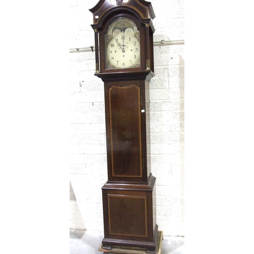 95 - A large mahogany longcase clock, the cross-banded case with three-trained gong-striking musical move... 