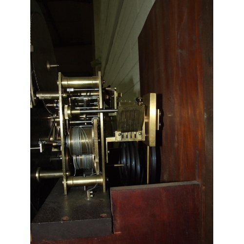 95 - A large mahogany longcase clock, the cross-banded case with three-trained gong-striking musical move... 