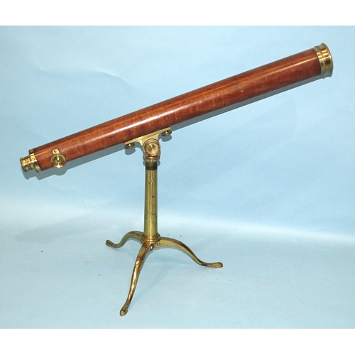 145 - A wood and brass telescope inscribed Bate, London, on brass tripod stand, with brass lens cap and tw... 