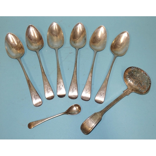 504 - Five Georgian silver dessert spoons, London 1814, maker NH, one other dessert spoon, London 1812, a ... 