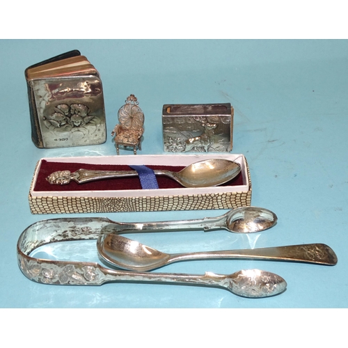 515 - A Victorian pair of silver bright-cut sugar tongs, London 1895, a small book 'The Pilgrim's Progress... 