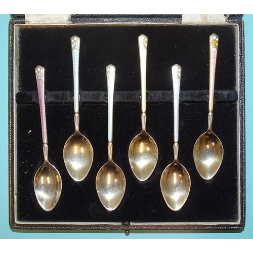 520 - A set of six silver coffee spoons with coloured enamelled handles and underside of bowls, Birmingham... 