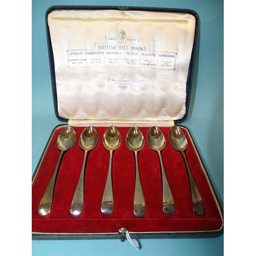 569 - A cased set of six 'British Hall Marks' silver teaspoons by Roberts & Belk, 1935, to commemorate... 