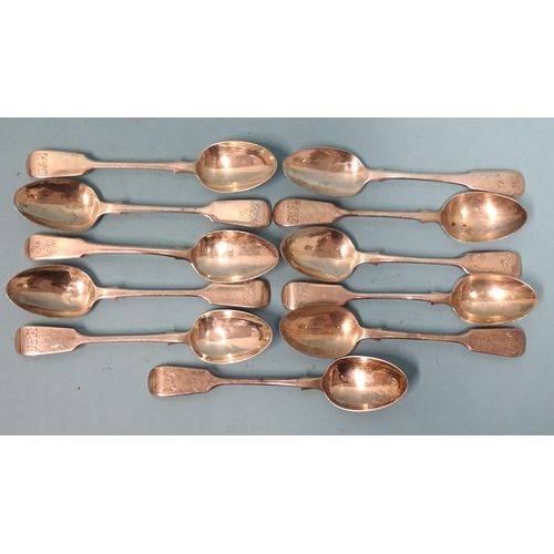 576 - Nine silver fiddle pattern teaspoons by John Aldwinckle & Thomas Slater, London 1891 and two Geo... 