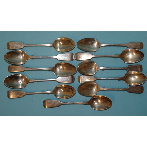 576 - Nine silver fiddle pattern teaspoons by John Aldwinckle & Thomas Slater, London 1891 and two Geo... 