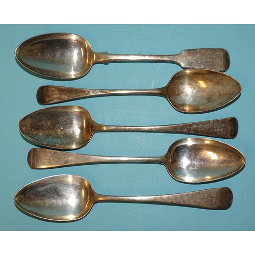 577 - Four silver George III Old English pattern tablespoons, various dates and makers and a Victorian fid... 