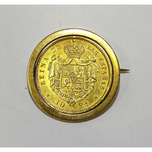 656 - An 1865 10-Escudos gold coin swivel-mounted in unmarked gold brooch mount, tested as approximately 1... 