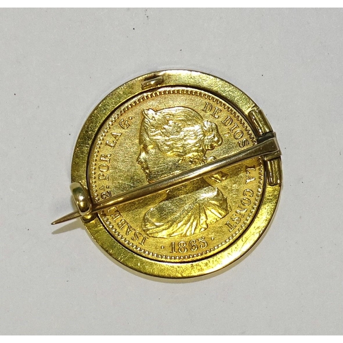 656 - An 1865 10-Escudos gold coin swivel-mounted in unmarked gold brooch mount, tested as approximately 1... 