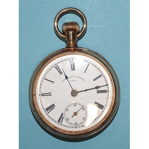 688 - American Waltham, a gentleman's gold-plated top-wind open-face pocket watch, the white enamel dial w... 