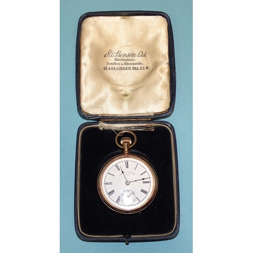 688 - American Waltham, a gentleman's gold-plated top-wind open-face pocket watch, the white enamel dial w... 