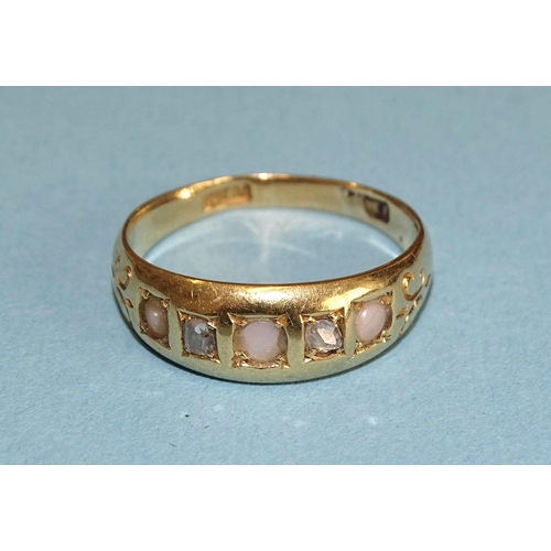 802 - An 18ct gold ring set two rose-cut diamonds and three very-worn demi-pearls, size O, 4g.... 