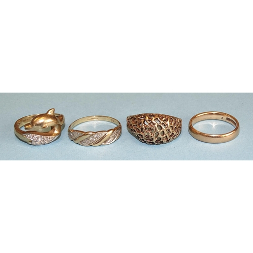 803 - Two 9ct gold rings set synthetic white stones, sizes M and S, 5.6g and two other 9ct gold rings, siz... 