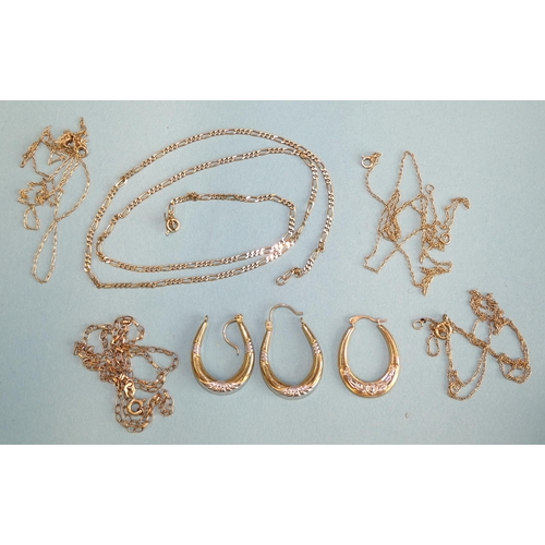 805 - A pair of 9ct gold earrings, a similar single earring and various 9ct gold neck chains, total weight... 