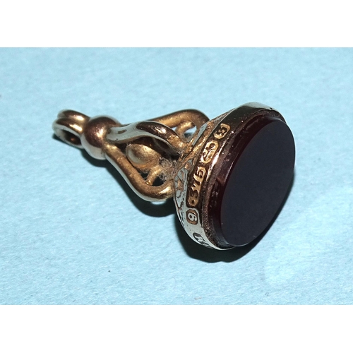 809 - A late-Victorian 9ct gold fob seal set dark red agate intaglio, 2.2cm high, 3g.