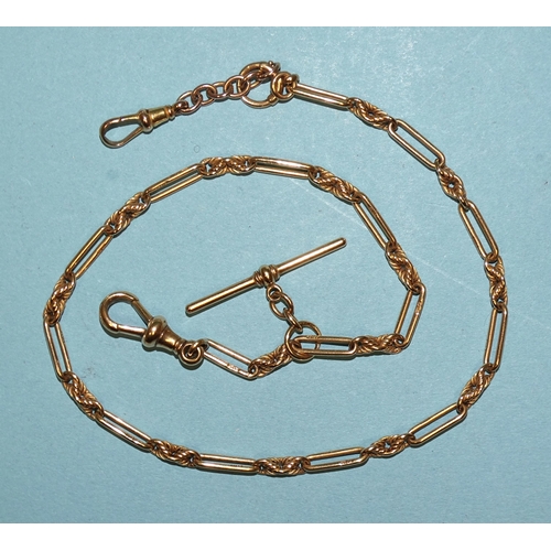 810 - An 18ct yellow gold Albert watch chain of fetter and fancy links, with shackle and bolt ring, 36cm, ... 