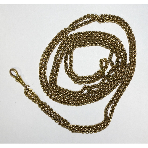 828 - A Victorian unmarked gold guard chain, 150cm long, with shackle, tested as 15ct gold approximately, ... 