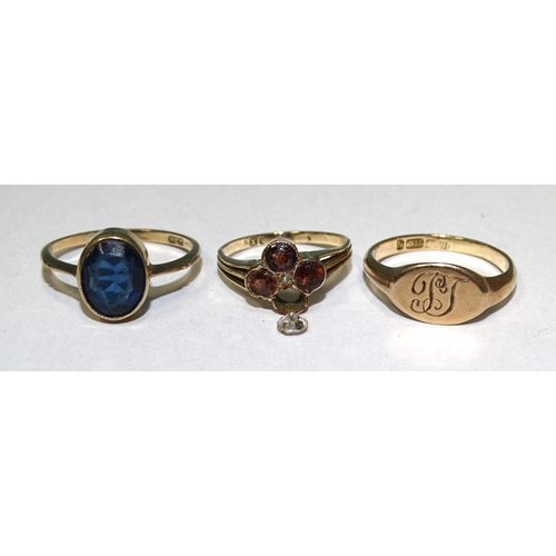 857 - A 9ct rose gold signet ring, size M, 2.5g, a 9ct gold ring set blue paste, size N, 2.2g and a third ... 