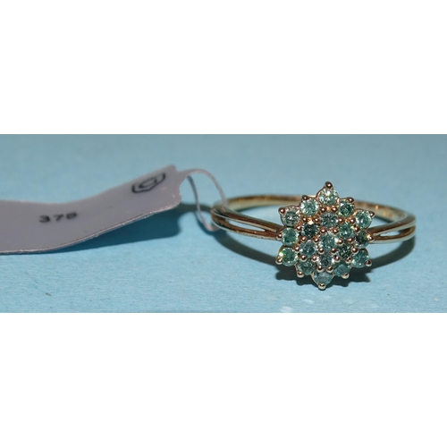 874 - A blue/green diamond cluster ring claw-set nineteen brilliant-cut diamonds, in 9ct gold mount, with ... 