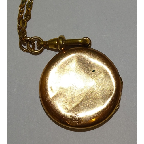 899 - A 9ct rose gold (back and front) circular locket pendant, 4.2g, on gold-plated guard chain.... 