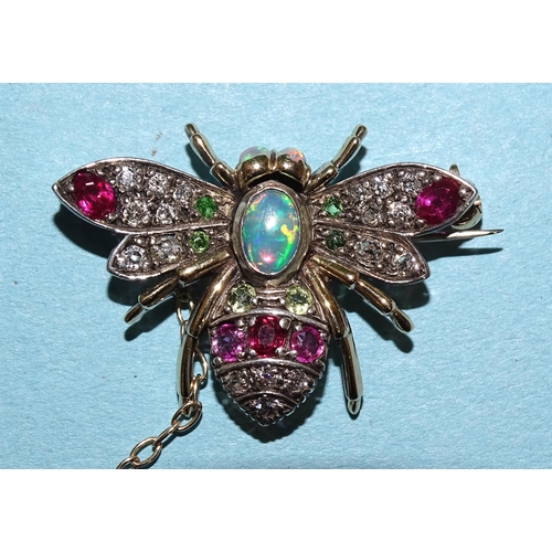 943 - A late-Victorian diamond, ruby, opal, citrine and peridot-set bee brooch, with opal thorax and eyes,... 