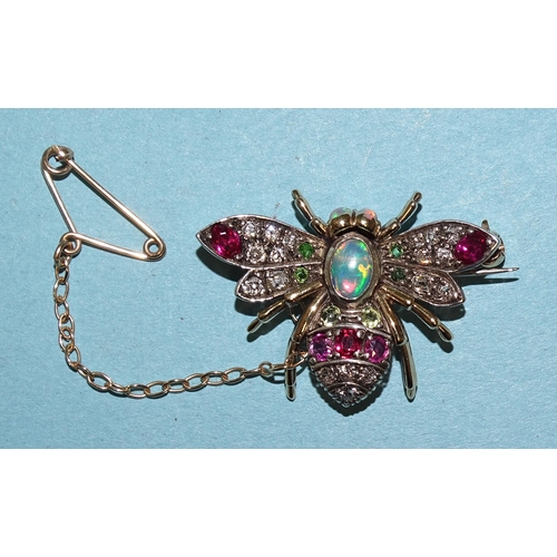 943 - A late-Victorian diamond, ruby, opal, citrine and peridot-set bee brooch, with opal thorax and eyes,... 