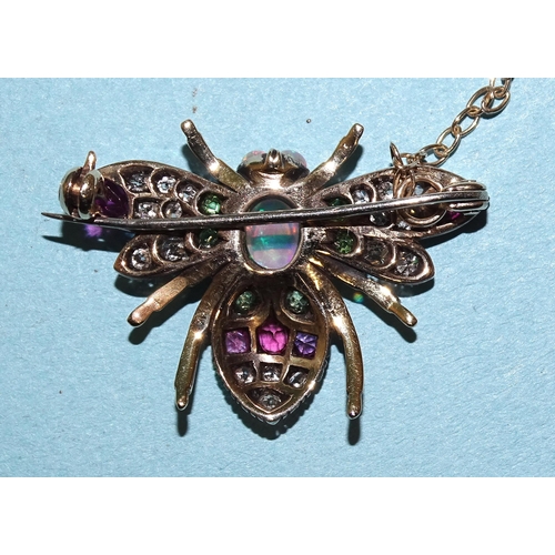 943 - A late-Victorian diamond, ruby, opal, citrine and peridot-set bee brooch, with opal thorax and eyes,... 