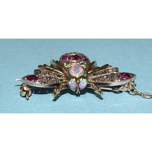 943 - A late-Victorian diamond, ruby, opal, citrine and peridot-set bee brooch, with opal thorax and eyes,... 